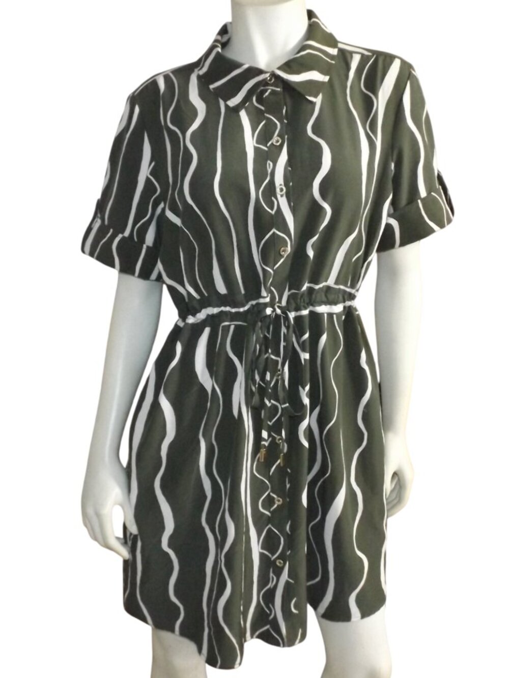 HALSTON Shirt Dress, L Green/White waves, Short/Mini, Drawstring, Pockets Wash